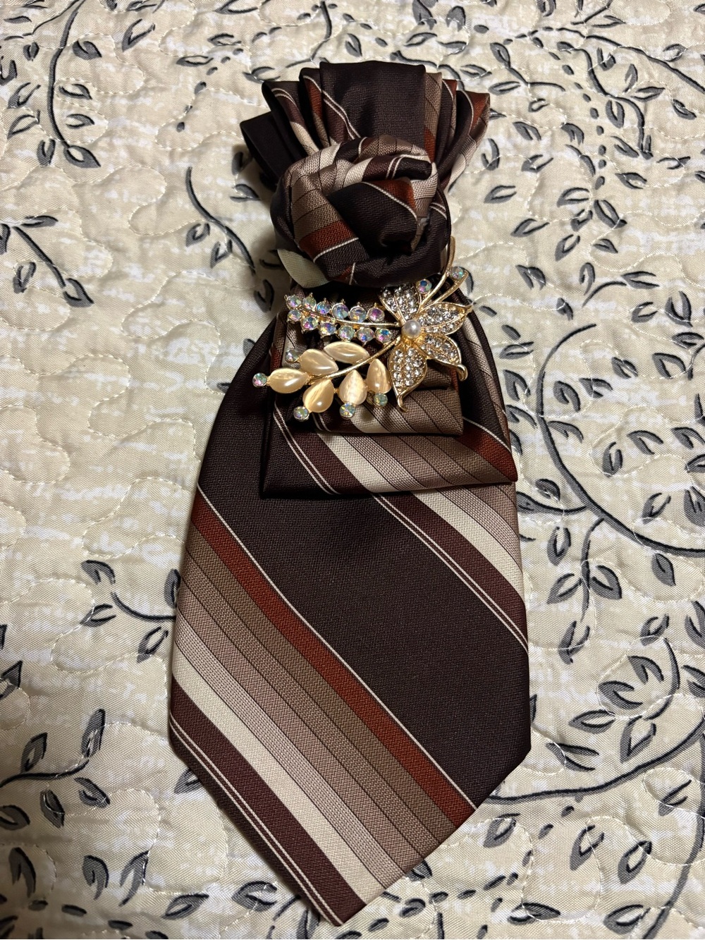 Females Brown Striped Neck Tie with Decorative Brooch